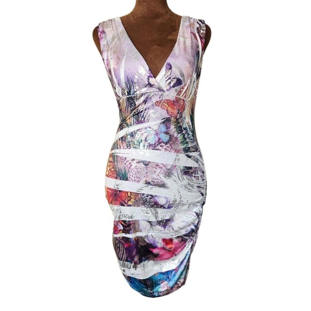 Body Central Y2K Dress Bodycon Butterfly Metallic Colorful‎ Clubwear Going Out S